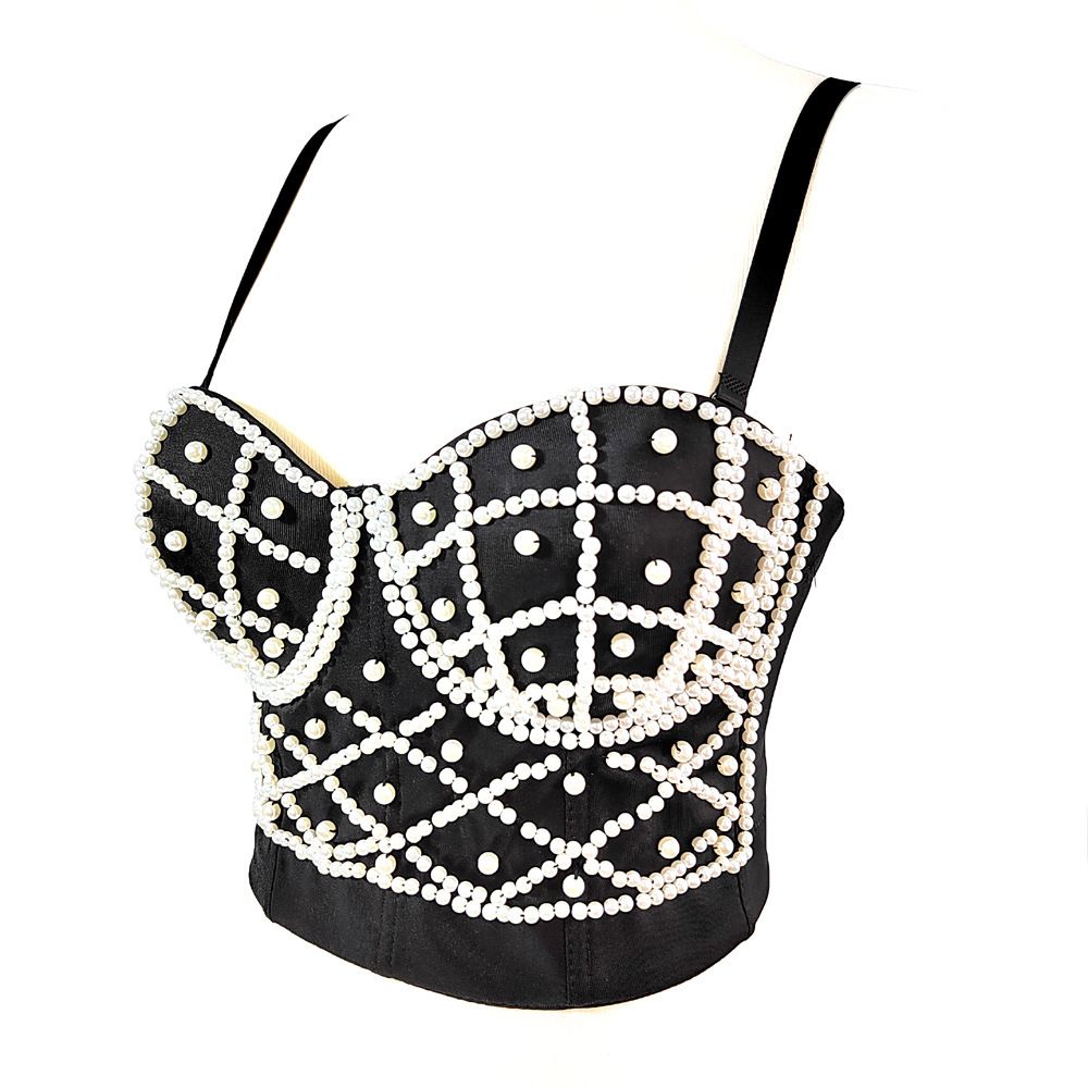 Pearl-Trimmed Corset Bustier Top – Sexy Boned Cami With Adjustable Straps & Lace Detailing_ecoleips.com