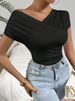 Women's Clothing Spring And Summer Pleated Oblique Collar V Neck Sexy Tops Women's Short Sleeved T Shirt_ecoleips.com