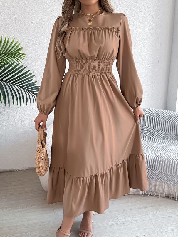 Real Shot Of 2026 Spring/Summer European And American Solid Color Elegant Ruffled Waist-cinching Pleated Long Dress_ecoleips.com