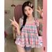Dopamine Girl Camisole Shirt Women's Summer New Design Sweet Tie-Up Plaid Short Top_ecoleips.com