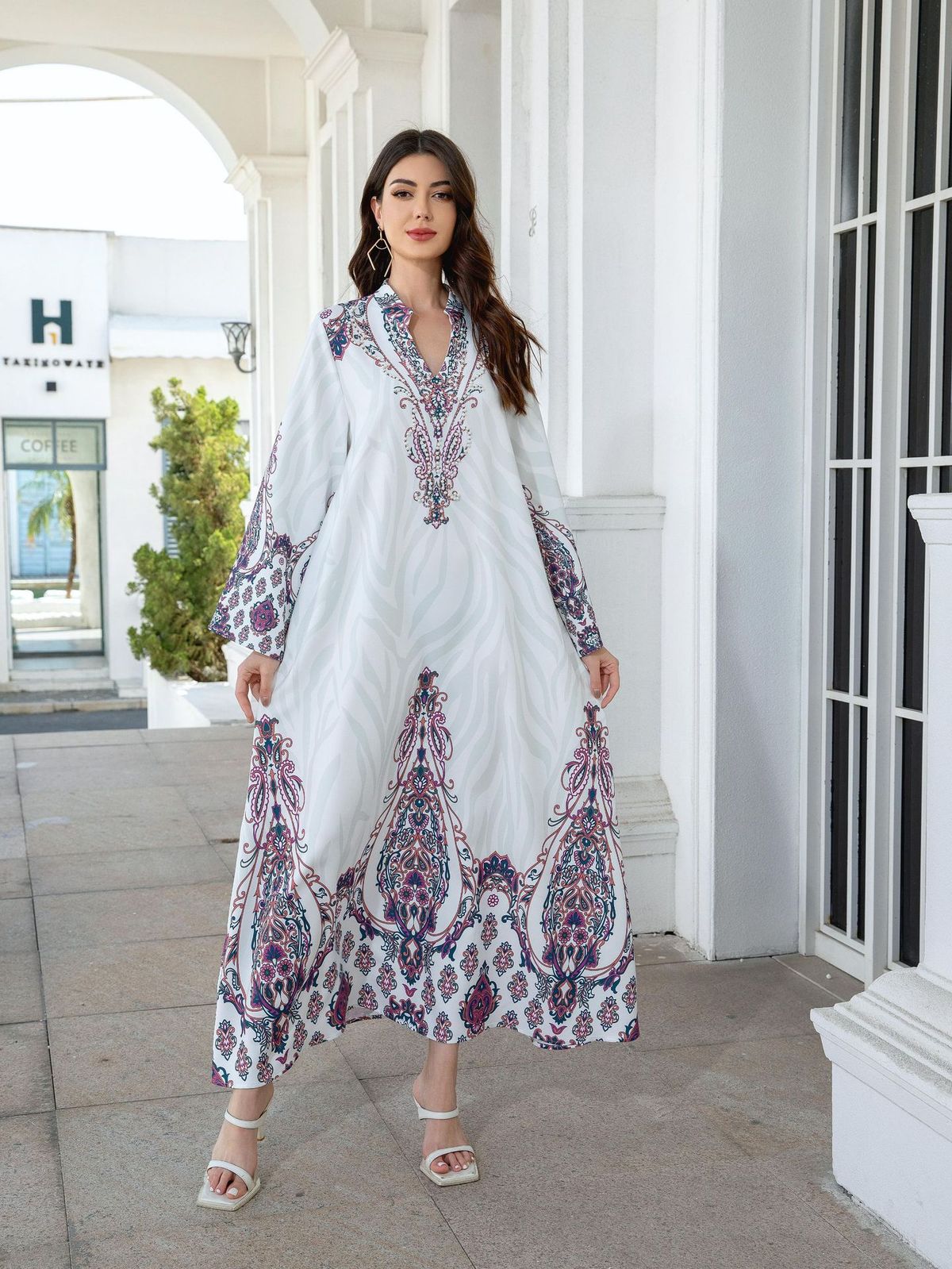 Muslim Stand Up Collar Ladies Robe Printed Diamond Beaded New Dress Abayas_ecoleips.com