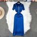 Korean Style Polo Collar Short Sleeved Dress Women's Color Blocking Sweater Dress Summer Export Skirt Casual Maxi Dress_ecoleips.com