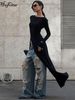 Hugcitar Fashion Solid O Neck Long Sleeve Slit Sexy Bodycon Maxi Dress Fall Winter Women Y2K New Outfits Evening Party Vacation_ecoleips.com