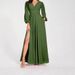 Autumn And Winter New Solid Color V-neck Split-ended Long-sleeved Pleated Elegant Women's Long Dress_ecoleips.com