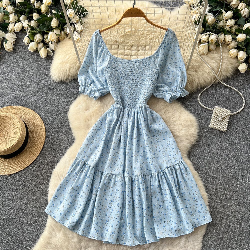 Red Floral Print Pleated Dress Korean Style Summer Puff Sleeves Square Neck High Waist A-Line Skirt for Women Romantic Fashionable_ecoleips.com
