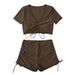 Women's Clothing Drawstring V Neck Short Sleeve Split Swimsuit Women's Conservative Beach Bikini Hot Spring Swimsuit_ecoleips.com