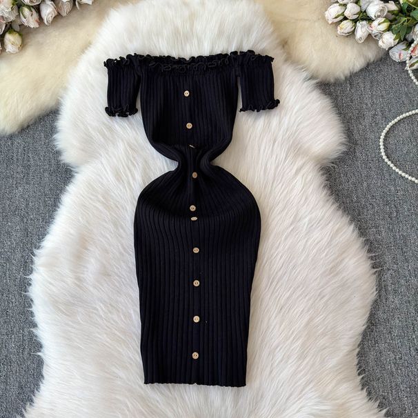 European And American Women's Spring New One Shoulder Dress Tight Elastic Slim Knitted Wood Ear Edge Short Sleeve Mid Length Skirt_ecoleips.com