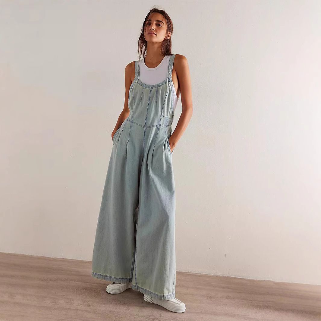 Women's Loose Wide Leg Denim Overalls Casual Solid Color Polyester Spring/Autumn Summer Regular Fit Jeans_ecoleips.com