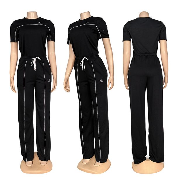 Women's Sporty 2-piece Outfit Short Sleeve T-shirt & High Waist Wide Leg Pants, Casual Loungewear Set With Contrast Stripes_ecoleips.com