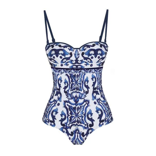 Blue And White Porcelain Print One Piece Bikini Set European American Style Tulle Skirt Hot Spring Beach Resort Quick Drying Summer Swimwear_ecoleips.com