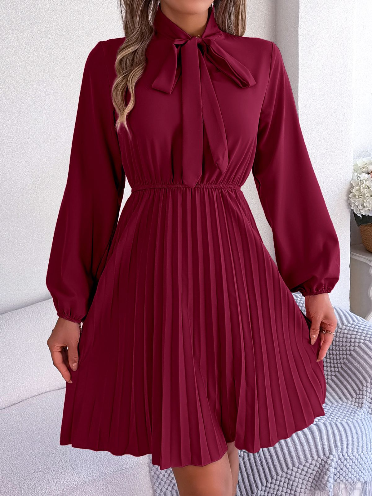 Instagram-style Real Shot 2026 European And American Spring/summer Elegant Tie-waist Long-sleeve Pleated Dress_ecoleips.com