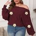 Plus Size Off Shoulder Batwing Sleeve Sweater For Women - Asymmetrical Design With Handmade Floral Details, Soft Acrylic Blend_ecoleips.com
