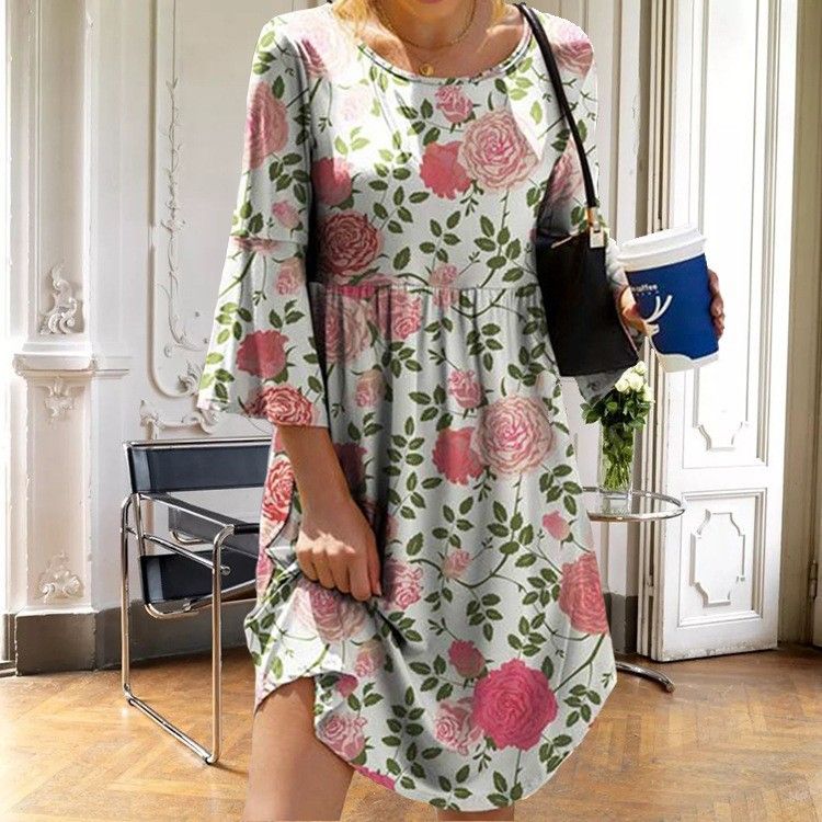 Women's Trendy Long Dress Crew Neck Pullover Style Vivid Digital Print Oversized Swing Hem Elegant Daily Vacation Wear_ecoleips.com