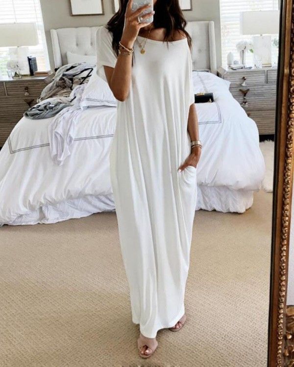 Women's Solid Color Casual Dress Short Sleeved Long Summer New_ecoleips.com
