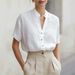 Women's V-Neck Linen Blend Short Sleeve Shirt - Breathable Summer Blouse With Relaxed Fit_ecoleips.com