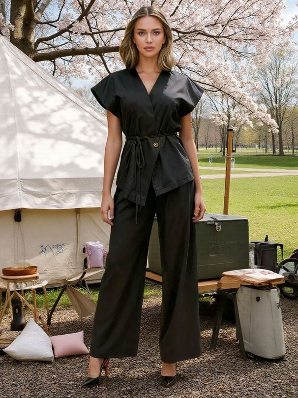 Women's Casual Two-Piece Set Vest Trousers Drawstring Solid Color_ecoleips.com