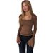 2025 Cross-Border Foreign Trade Sexy Long-Sleeve Ribbed Lace Trim Top Fashionable Chest-Emphasizing U-Neck For_ecoleips.com