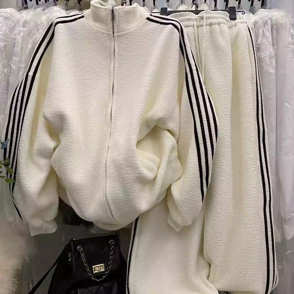 Sporty Casual Striped Stand Up Collar Baseball Jacket & Slimming Drawstring Wide Leg Pants Two Piece Set Warm Double Sided Fleece For Spring/Autumn_ecoleips.com