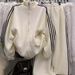 Sporty Casual Striped Stand Up Collar Baseball Jacket & Slimming Drawstring Wide Leg Pants Two Piece Set Warm Double Sided Fleece For Spring/Autumn_ecoleips.com