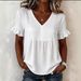 Women's Clothing Summer New Style Pleated Loose V Neck Bell Sleeve Shirt Solid Color Fashionable Design_ecoleips.com