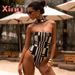 Aria Basics B38 New European And American Foreign Trade Swimsuit, Feminine Strapless Striped Print Tie-up Bikini One-piece Swimsuit_ecoleips.com