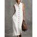 Solid Color Stand Collar Button Design Sleeveless Loose Cotton Linen Casual Dress For Women Daily Leisure Wear_ecoleips.com