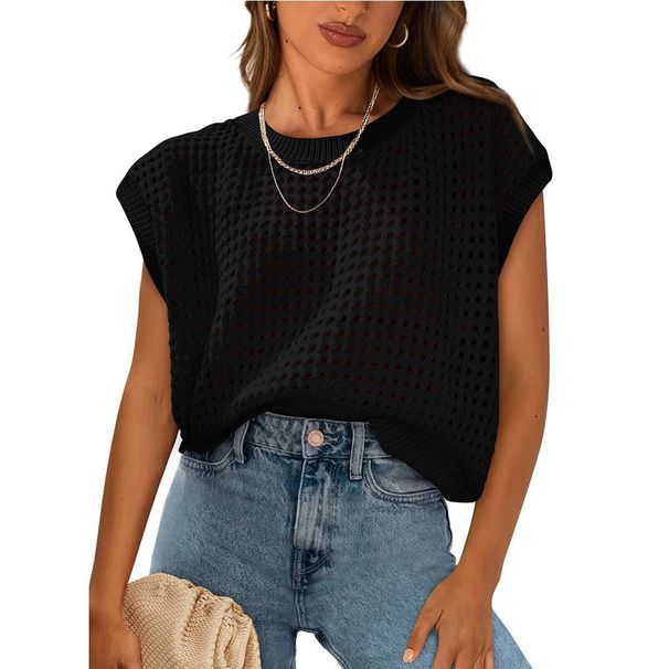 Summer Women's Round Neck Knitted Sweater Hollow Out Sunscreen Cover Up American Style_ecoleips.com