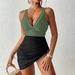 Women's Clothing One Piece Swimsuit V Neck Mesh Splicing Side Drawstring Swimsuit_ecoleips.com