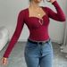 Voya Spring And Summer New French Retro Square Neck Long Sleeved Slim Pleated Top For Women's Clothing, Wine Red Niche Design Base Shirt_ecoleips.com