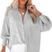 Verve Striped Long Sleeve Loose Casual Women's New Pocket Shirt Top_ecoleips.com