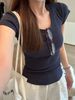 Basic Front Shoulder U-neck Threaded Slim-fitting Short-sleeved Women's Summer Inner Slim Front Shoulder T-shirt Inner Top Bottoming Shirt_ecoleips.com