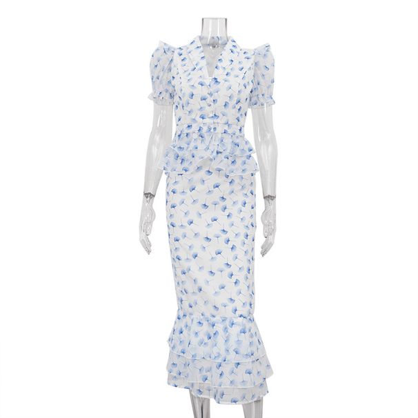 Women's French Style Two Piece Set Digital Print Design V Neck Puff Sleeve Top And Skirt Elegant New Clothing_ecoleips.com