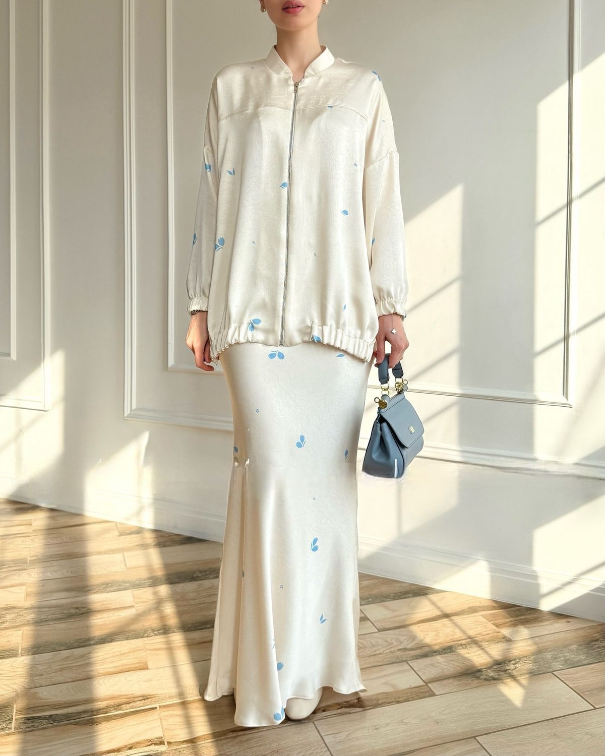 Women's Clothing Women's Fashion Printed Satin Long Sleeved Jacket Skirt Fashion Suit_ecoleips.com