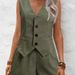 Women's Clothing V-Neck Button Vest & Shorts Set – Elegant Office Wear (S-XXL, Army Green/Beige/Khaki/Black/White)_ecoleips.com
