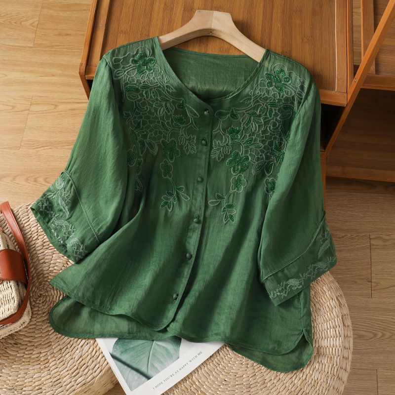Women's Chinese Style V-Neck Shirt Heavy Embroidery Cotton Linen Single-Breasted Summer Top Five-Quarter Sleeve 2026 New Style_ecoleips.com