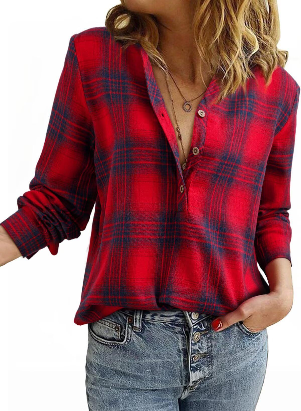 New Women's V-neck Checkered Shirt With Fashionable Casual Shirt Buckle_ecoleips.com