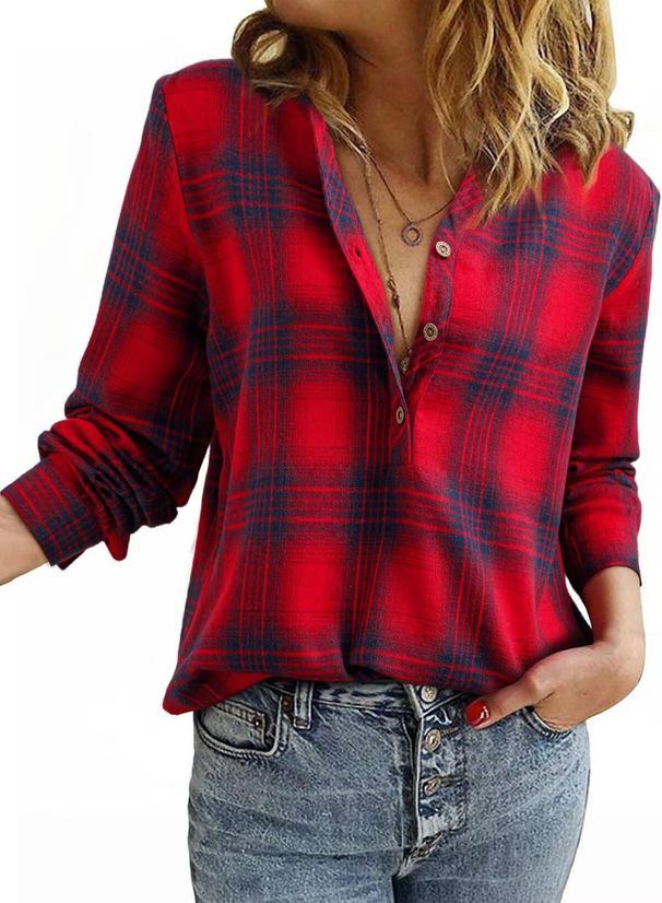 New Women's V-neck Checkered Shirt With Fashionable Casual Shirt Buckle_ecoleips.com