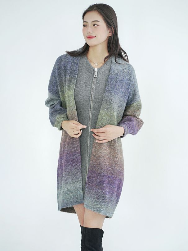 Autumn Winter Wool Knit Cardigan For Women Gradient Color Mid-Length Thickened Sweater Coat_ecoleips.com