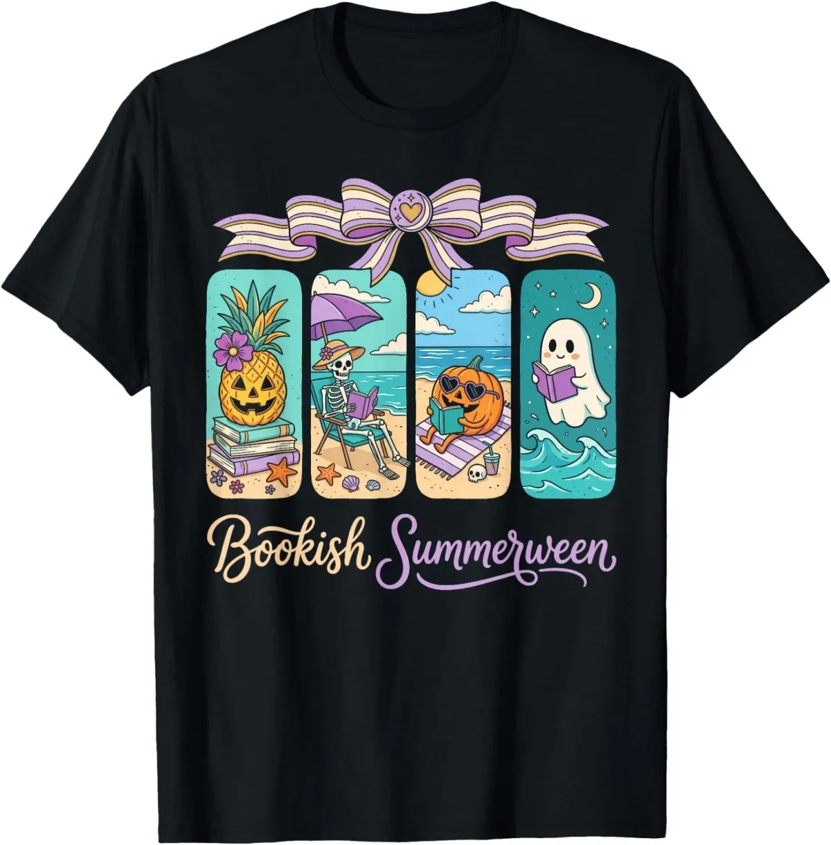 Women's T-Shirts Summerween Beach Reading Ghost Pumpkin Skeleton Book Lover T-Shirt_ecoleips.com