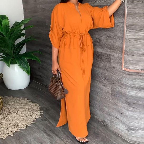 2026 New Spring Women's Clothing, Cross-Border European And American Dresses, Loose Casual Slit Tie-Waist Solid Color_ecoleips.com