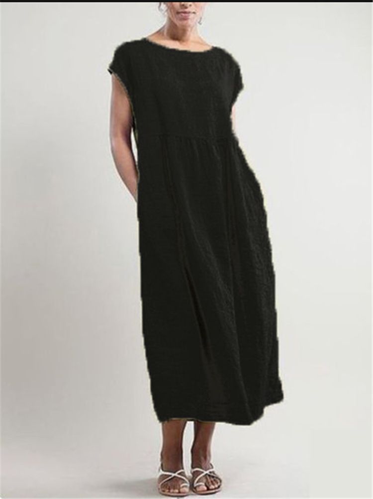Solid Color Sleeveless Loose Pocket Dress_ecoleips.com