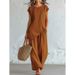 Women's Bohemian Two-Piece Set Round Neck Button Down Short Sleeve Top And Wide Leg Pants Beach Vacation American Style_ecoleips.com