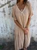 New Women's Casual Loose Skirt Dress V Neck Short Sleeved Solid Color Cotton And Linen Spring Summer_ecoleips.com