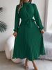 Elegant Stand Collar Full Sleeve Closed Waist Pleated Dress Women Autumn Winter Long Dress_ecoleips.com