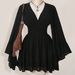 New 2025 Style Women's Deep V Neck Waist Cinching Dress with Flared Sleeves Short Fashionable Mesh Sexy Solid Color Top_ecoleips.com