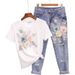 Women's Clothing popular women's fashion suit summer embroidered three dimensional flower T shirt + ripped nine point jeans_ecoleips.com