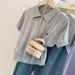 Elegant Women's Knit Short-Sleeve Top in Gray with Lapel Bow Tie Slim Fit Breathable Stylish Fashion for Ladies_ecoleips.com