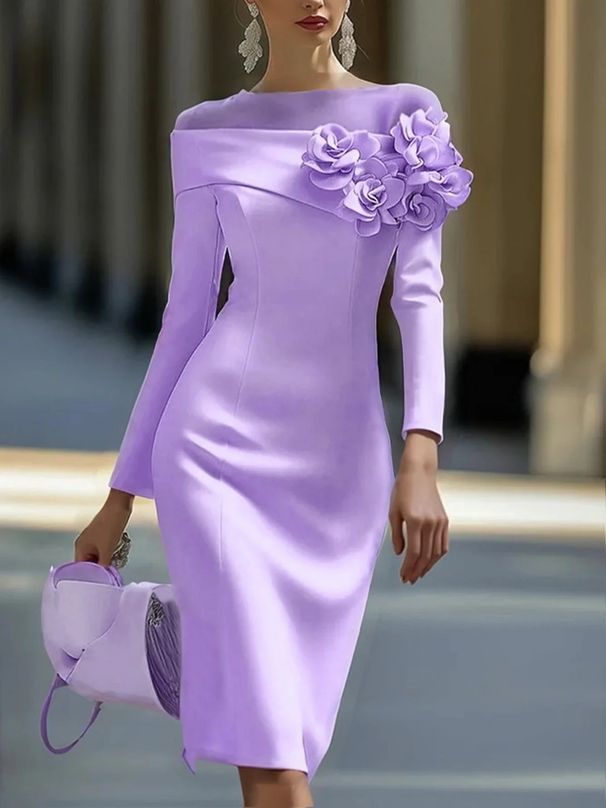Socialite Style Party 2025 Summer New Round Neck Side Three-Dimsional Flower Decoration Solid Color Slim Dress For_ecoleips.com