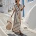 Women's Clothing V Neck Dress Striped Pattern Pleated Sleeves Full Skirt Fashion Summer Vacation_ecoleips.com