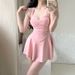 Sweet Pink Wide Strap One Piece Swimsuit Dress With Ruched Bodice Flared Skirt Modest Swimwear For Beach Pool Vacation_ecoleips.com